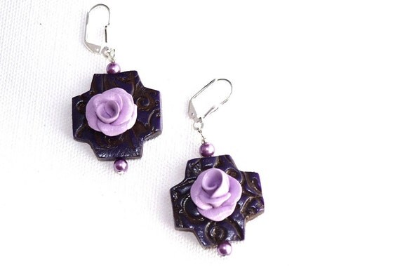 Rustic Purple Cross Earrings