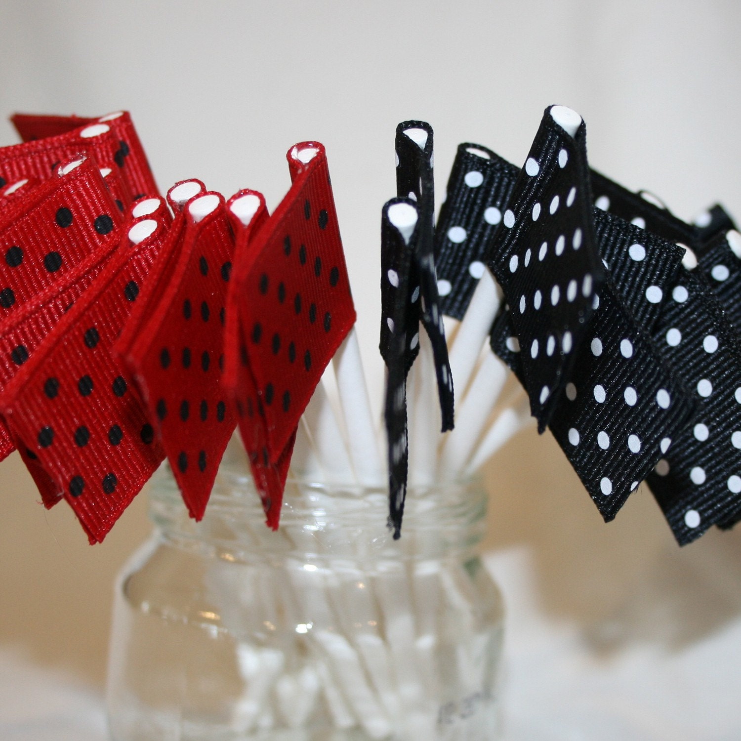 24 Mini Ribbon Flag Cupcake Toppers in Black and Red Swiss Dots (ready to ship)