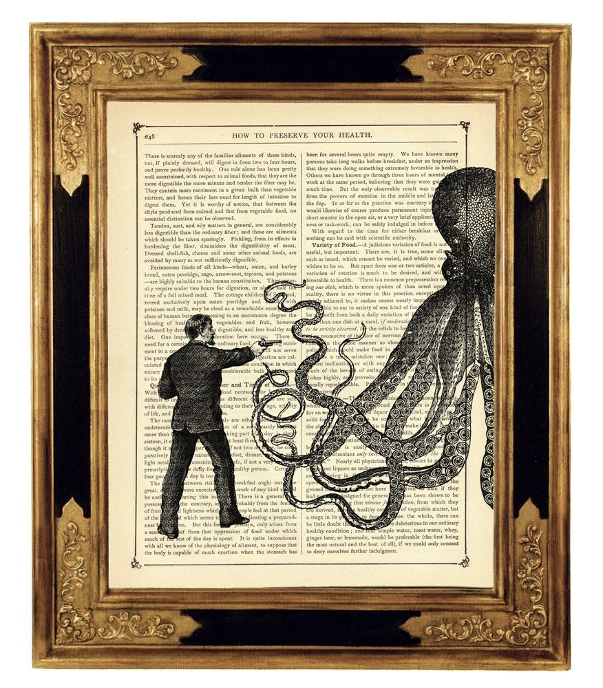 Gentleman vs Octopus Kraken - Vintage Victorian Book Page Art Print Steampunk
