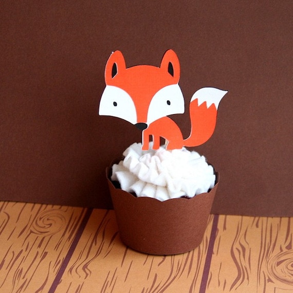 Woodland Creatures Bright Orange Fox Cupcake Toppers Set of 4 - READY TO SHIP