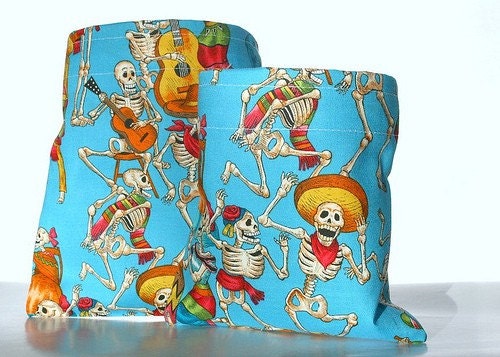 Reusable Sandwich and Snack Bag Set - Mexican Day Of The Dead On Blue - Eco Friendly Cotton Lunch Bags - Food Storage
