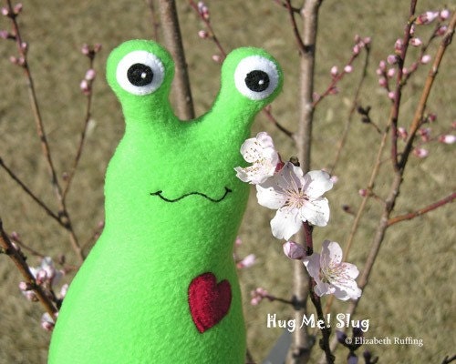 Name THIS slug, Hug Me Slug, Original Art Toy by Elizabeth Ruffing, 9 inch, Fleece, Medium Green and Red, Ready-made