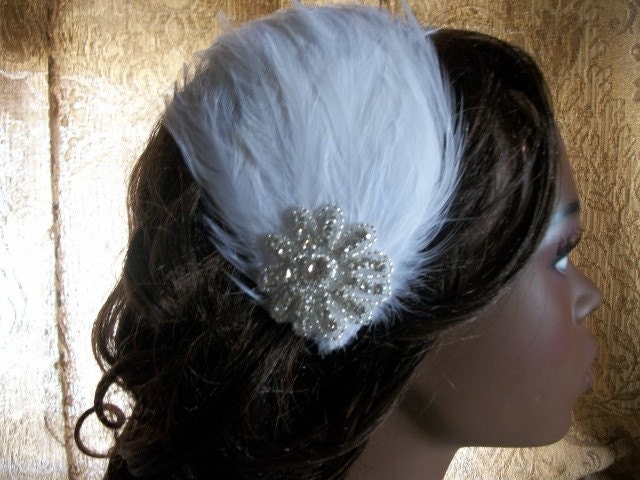White Feather and Rhinestone Hair Clip