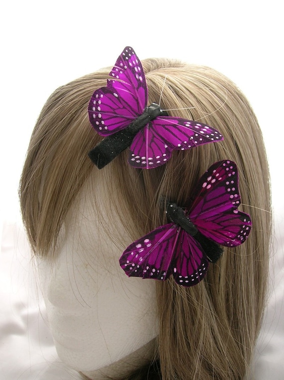 Purple Monarch Butterfly feather hair clip (2 pieces Set) - vibrant color fascinator