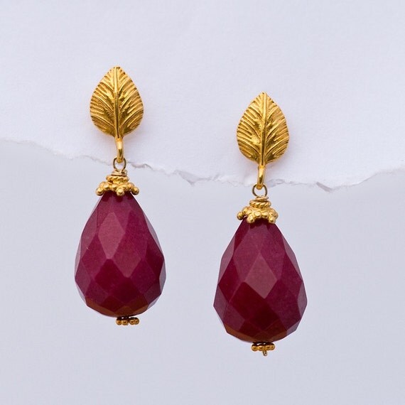 Large Ruby Quatz Drops and 22K Gold Vermeil Earrings