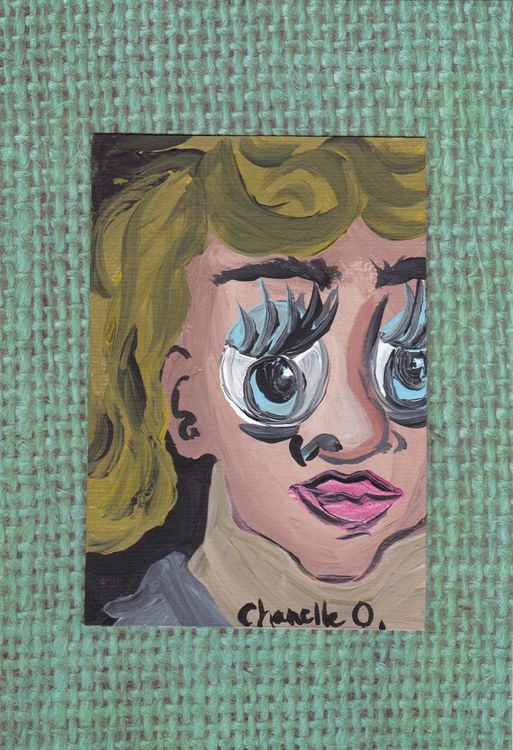 Cartoon faced Girl original ATC painting trading card. From chanelle1975