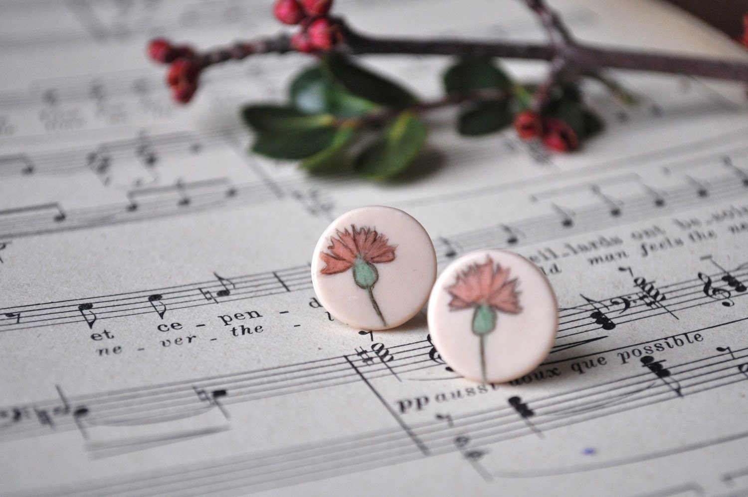 pink flower earrings - small vintage inspired hand painted studs