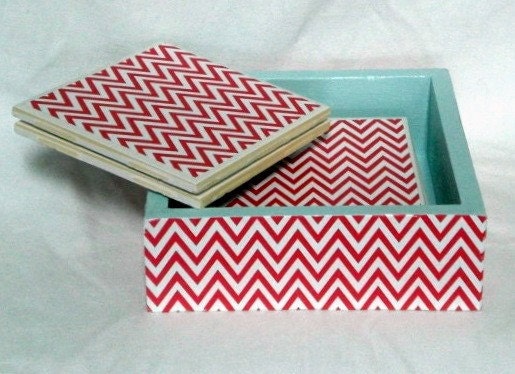 Party Set Red Chevron Coasters with Matching Container
