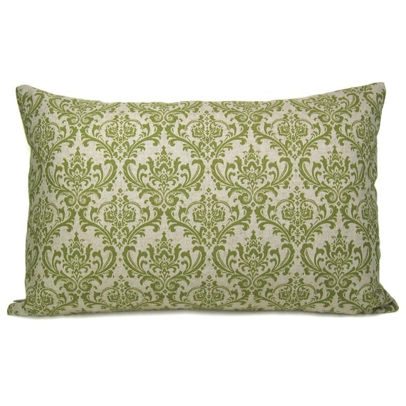 Green Modern Tree on Natural Linen Front And Damask Linen Back Cushion Cover