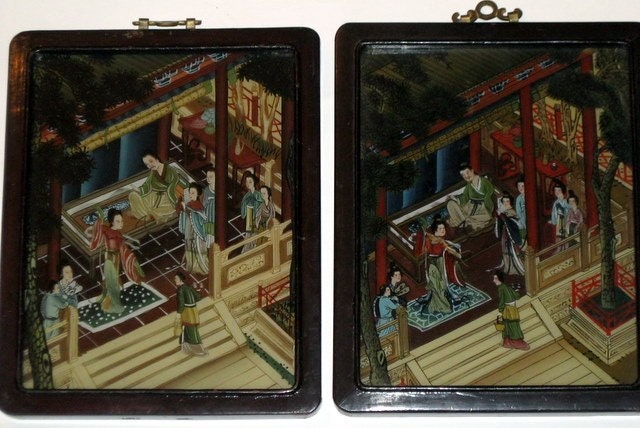 2 Vintage Chinese Reverse Paintings on Glass - Rare