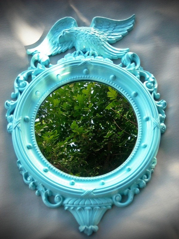 Vintage Mirror Aqua Ornate French Eagle Beach Seaside Cottage Round Upcycled Blue