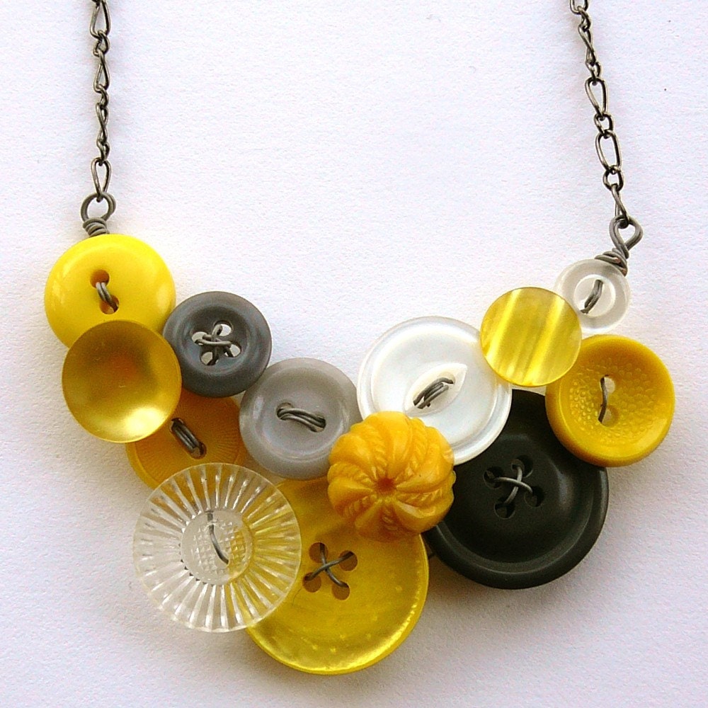 Yellow White -and- Gray Vintage Button Long Necklace