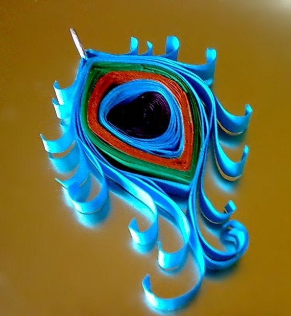 Peacock Feather - OOAK Turquoise Blue Paper Quilled Pendant