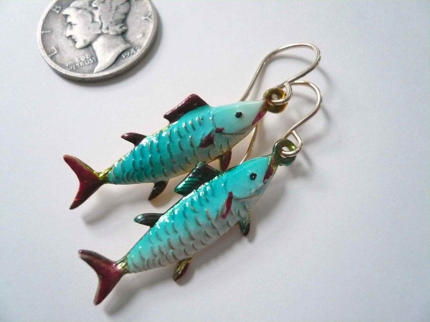 Angler earrings. Fun vintage fish pendants on 14K gold fill earwires.