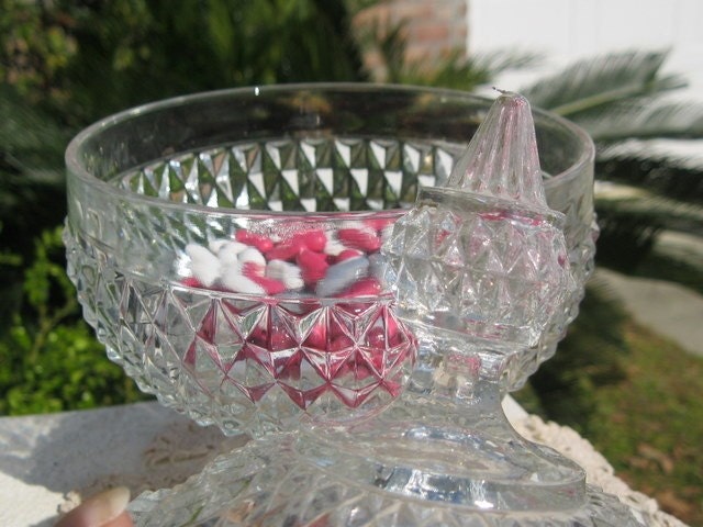 Indiana Glass Footed Candy Bowl with Lid - Diamond Point Pattern