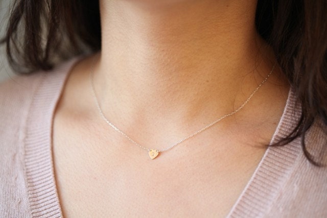 Initial tiny heart necklace by hand stamp -14k yellow gold with sterling silver - MADE TO ORDER