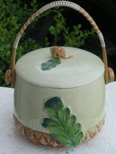 Vintage Ceramic covered Bisquit Barrel Wicker Handle, raised design