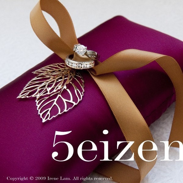 Leah Series - Deep Fuschia and Gold Leaves Wedding Ring Pillow