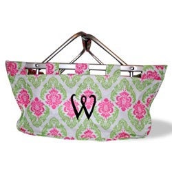 SHIPS IN 1 to 2 DAYS - Monogrammed Pink n Green Damask Large Market Tote - 2nd ships for One Dollar