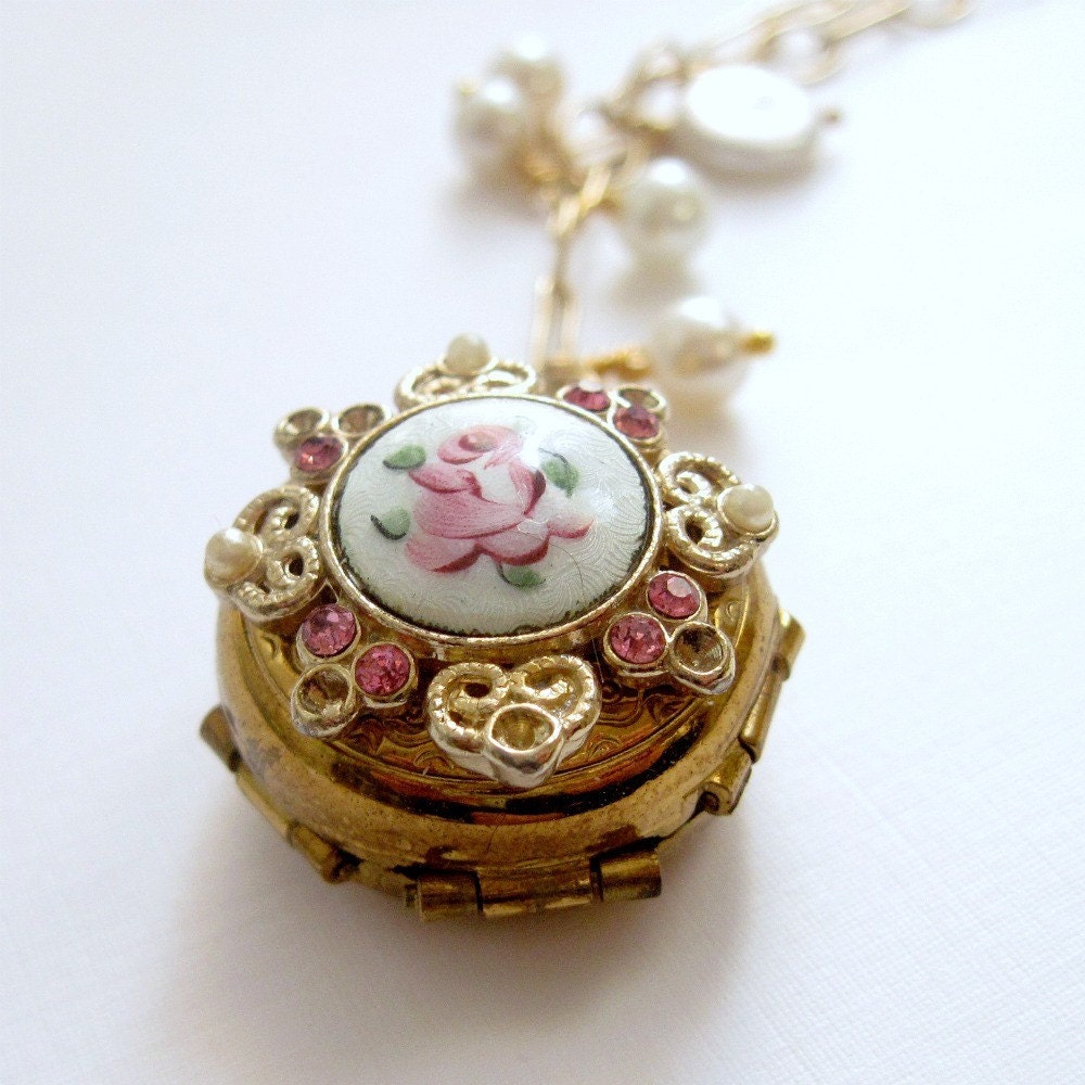 Necklace. Jewelry, Vintage, Four Photo Locket, Guilloche, Coro, Shabby  Chic,  Keepsake, Gold Filled Chain, Pearls. Parisian Keepake. Vintage inspired jewelry by Lauren Blythe Designs on Etsy.