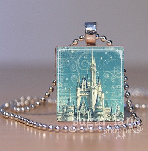 Vintage Cinderella Castle Scrabble Tile Pendant Necklace (SVH2) with Chain