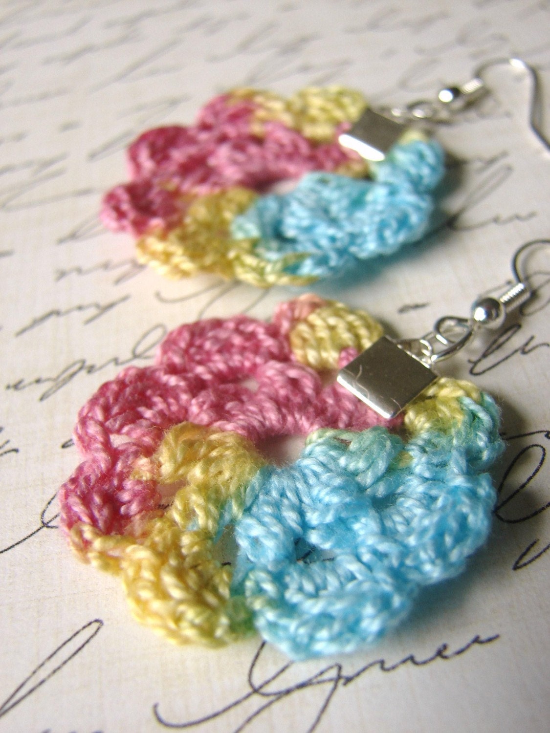 Pastel Flowers Crocheted Soft Circle Yellow Pink Turquiose Earrings MyHobbyShop