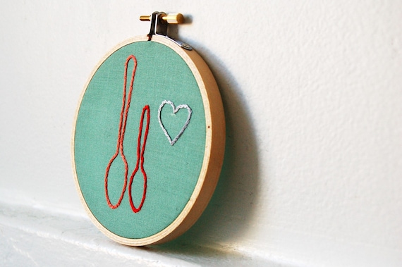 Big and Little Spoon in Love.  Hand Embroidery in 4 inch Hoop. Orange, Red, Silver on Sage Green. Needlecraft, Embroidery. Wedding Gift, Favor Handmade by merriweathercouncil on Etsy