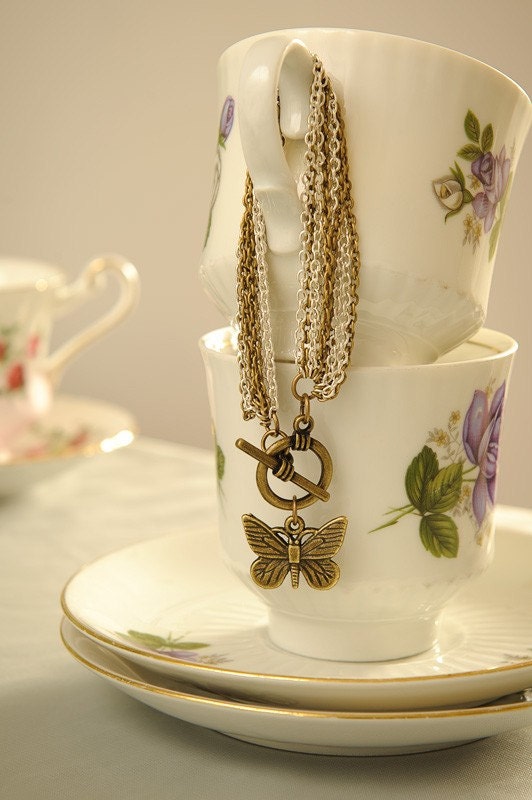 Antiqued Brass and Silver Chain Bracelet with Butterfly Charm "Farewell Flutter"