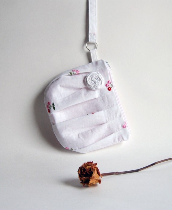 On Sale 15% OFF- Romantic Rosebud pleats in white zippered pouch, purse, clutch, wristlet by Lolos
