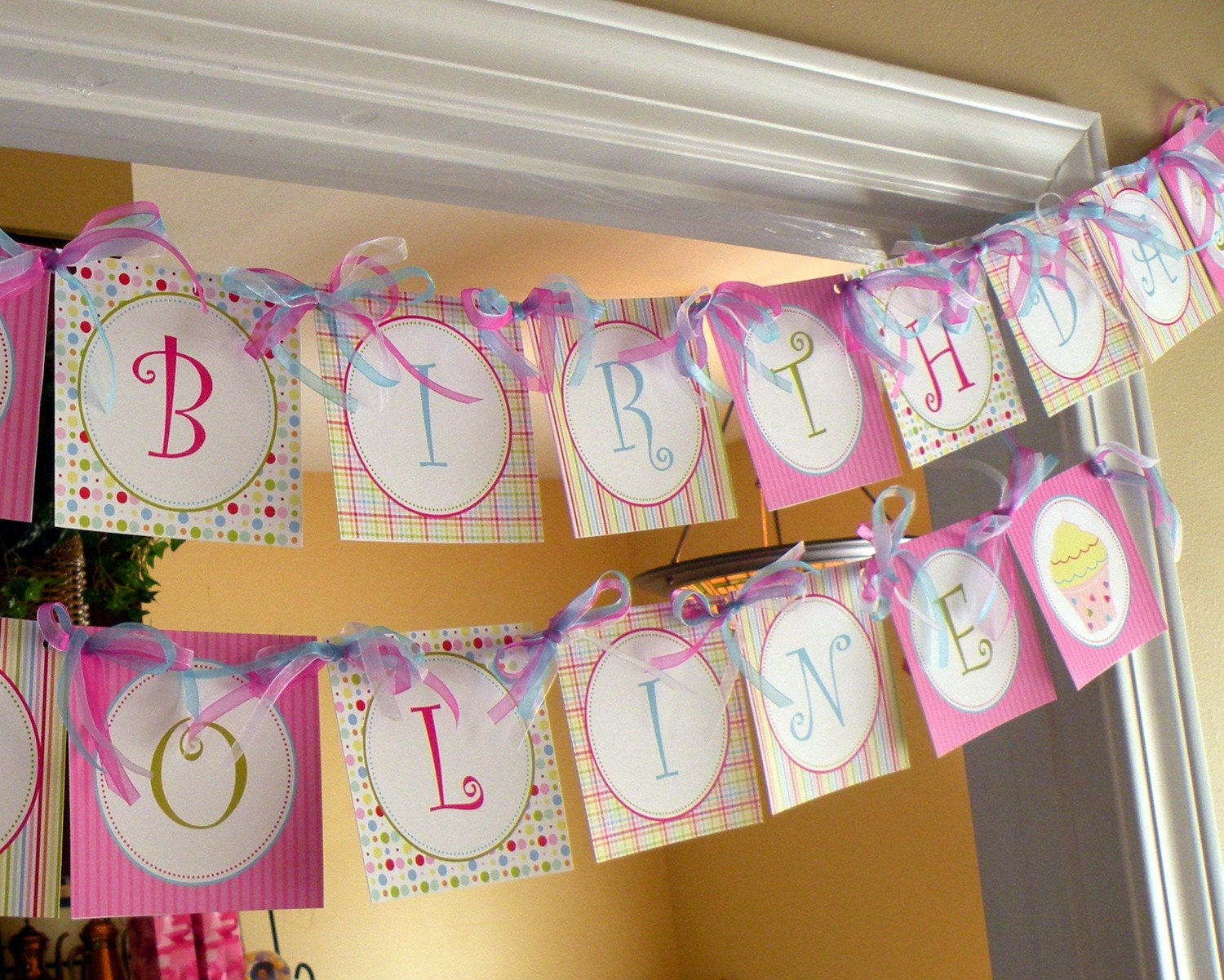 Cupcake Theme Party Happy Birthday Banner (pink, blue, green, plaid, stripe polka dot) Girl DIY Printable
