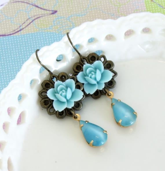 Pale Cyan Flower and  Vintage Jewel Earrings - Romantic and Feminine