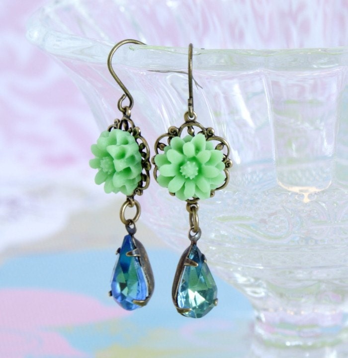 Pretty Mint Green Flower and Sapphire Peridot Vintage Jewel Earrings - Romantic and Feminine