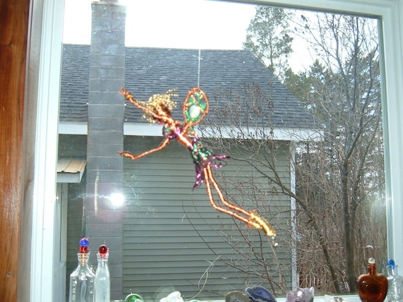 whimsical copper wire glass faery hanging sculpture