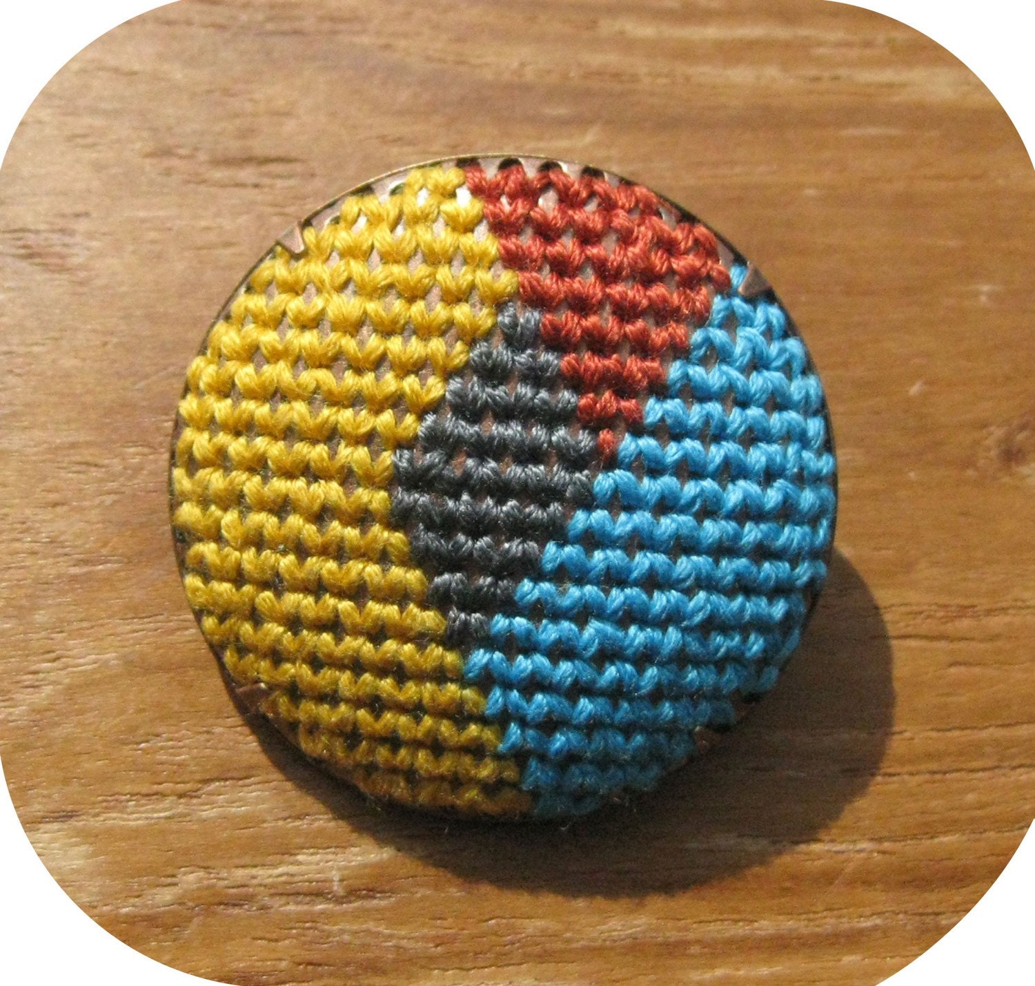 Yellow, rusty, turquoise and gray geometric embroidered brooch