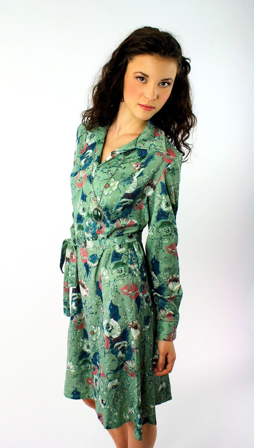 70s vtg indie sage abstract floral dress - medium to large