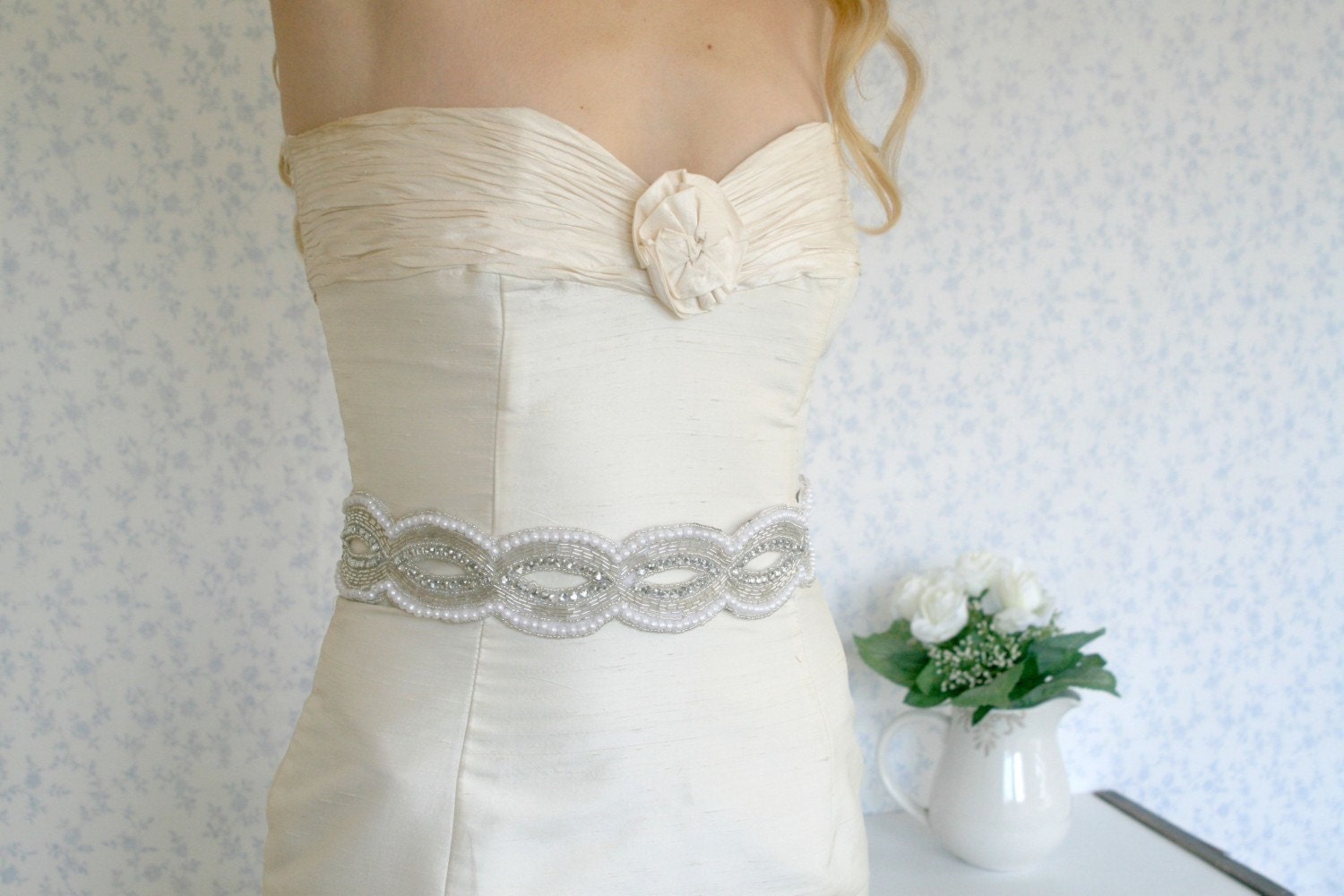 Crystals pearls and glass beads silvery sash or headband