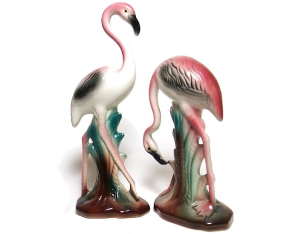 Vintage 40s Pink Black Green Ceramic Flamingo Figurines Set
