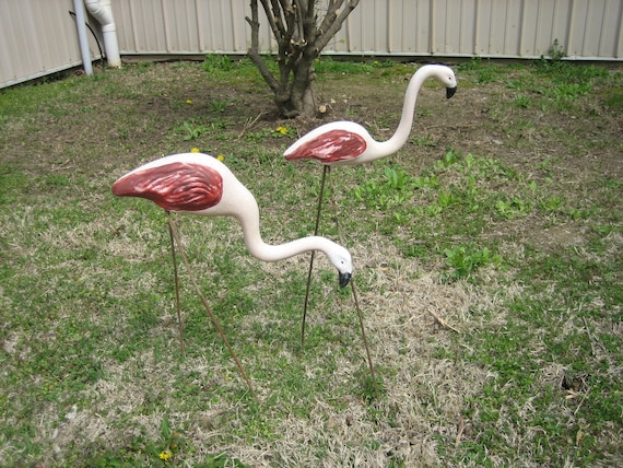 2 Vintage Pottery Yard Flamingos Pink with Legs Yard Ornament