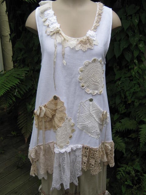 Vintage Kitty.. Lily Hannah WHITE range.. beautiful cotton muslin tunic ... white, ecru, vintage needlework.. antique buttons, pearls....MED -X LARGE