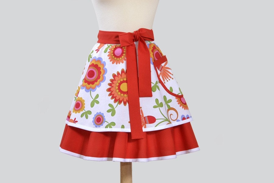 Waist  Apron / Double Skirt Half Apron in Michael Millers Pretty Bird with Red Orange Gold Periwinkle Floral Pattern on White and Underskirt of Tomato Red