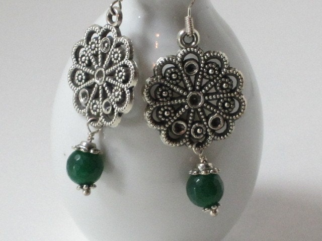 Pine On My Mind - silver filigree earring with green dangle