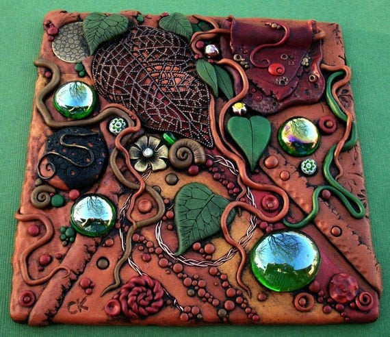 Mosaic Art Tile, Polymer clay, Found Objects, Original