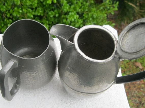 Two Vintage Hammered English Pewter Pieces - Bravingtons Ltd. Mug and Civic Coffee/Tea Pot
