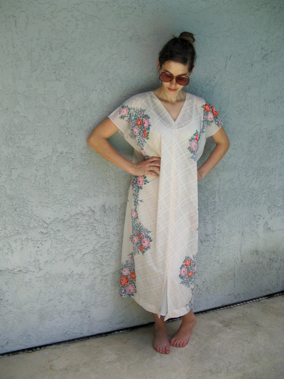 Vintage 70s Hippie Flower Power Sheer White MAXI MUMU dress with Dramatic Angel Wing Sleeves