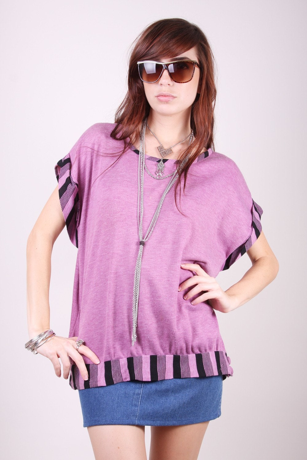 Vintage Shirt 80s Indie Hipster Lavender and Black Slouch Top