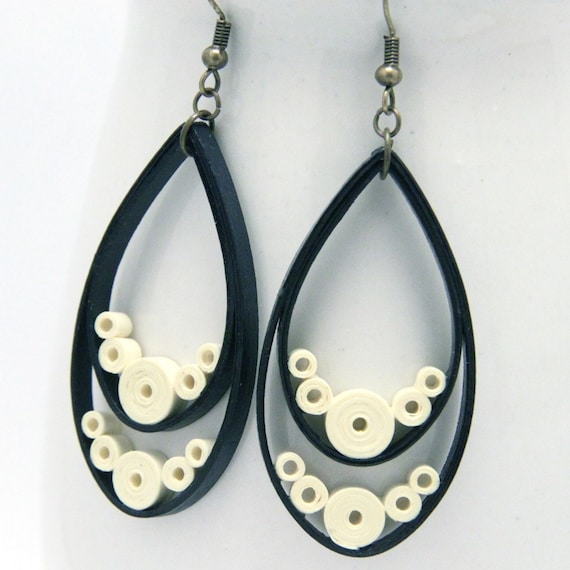 Large Navy Teardrop Earrings with Cream Accents - Paper Quilled