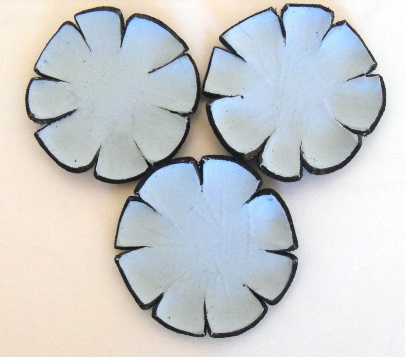 Applique, embellishment,cabochon flowers baby blue color made from leather 3 PCS