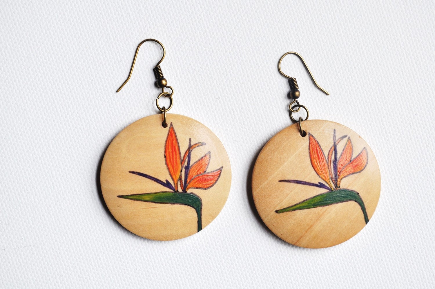 Beach series - Bird of Paradise Flowers- hand painted wood dangle earrings