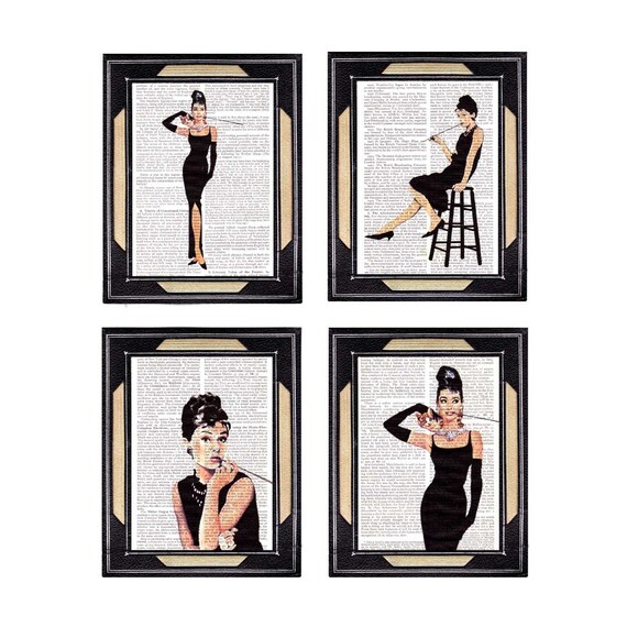 AUDREY HEPBURN Collection II 4 prints on vintage old book text page, breakfast at Tiffany's, black white beige, unframed color print 5x7