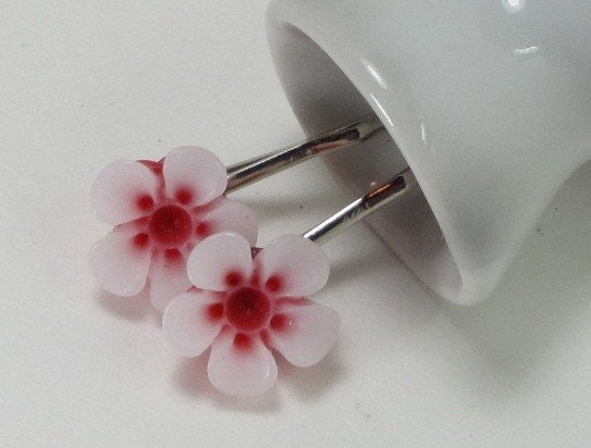 Vintage Inspired Lucite Flower Bobby Pin -  2 Piece Red and White